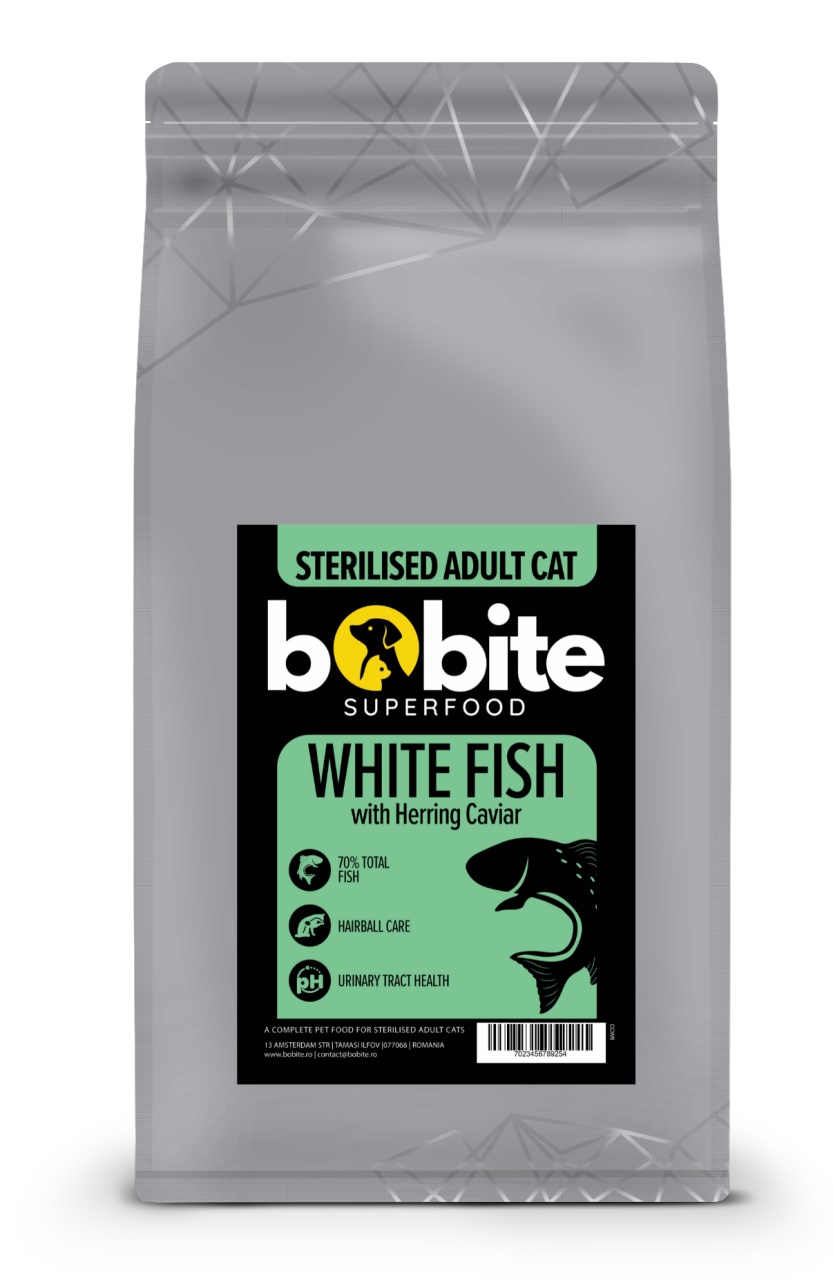 Bobite SuperFood, Adult, Peste Alb si Icre de Hering, Hrana uscata pisici sterilizate, 1.5kg