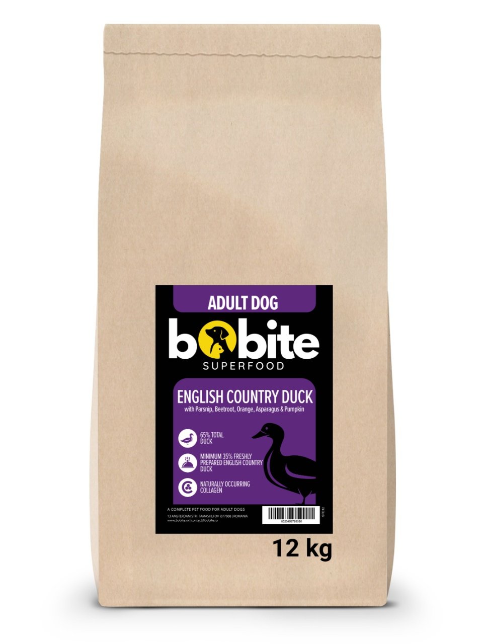 Bobite SuperFood, adult, Rata englezeasca de tara cu Pastarnac, Portocala, Sparanghel si Dovleac, Hrana uscata caini, 12kg