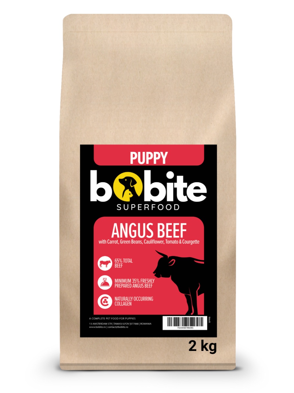 Bobite SuperFood, Puppy, Carne de vita Angus cu Morcov, Fasole verde, Conopida, Rosii si Dovlecel, Hrana uscata caini, 2kg