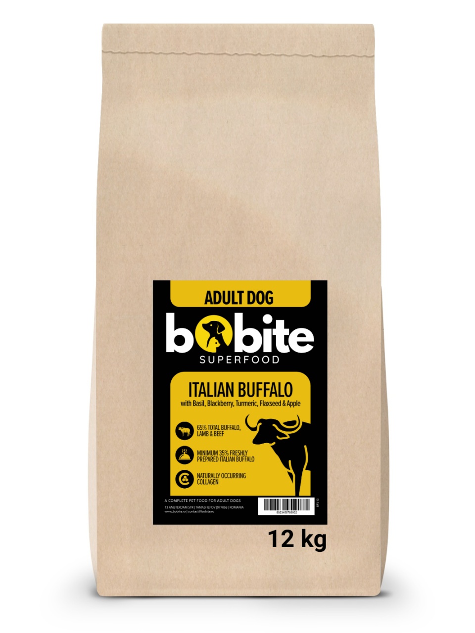 Bobite SuperFood, adult, Bivol Italian cu Busuioc, Mure, Turmenic, Seminte de in si Mar, Hrana uscata caini, 12kg