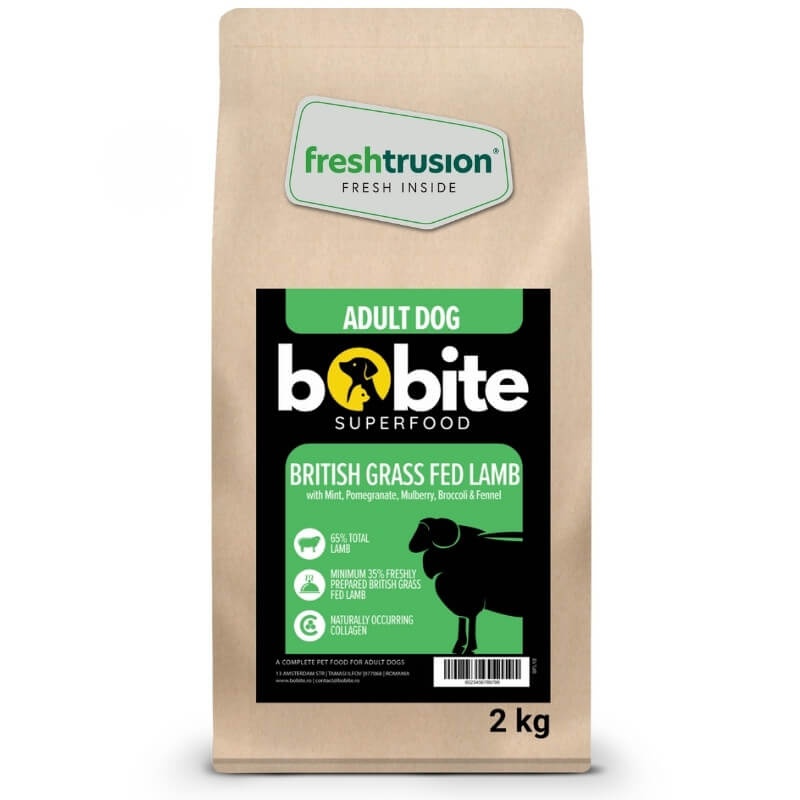 Bobite SuperFood, adult, Miel britanic hranit cu iarba cu Menta, Rodie, Dude, Broccoli si Fenicul, Hrana uscata caini, 2kg