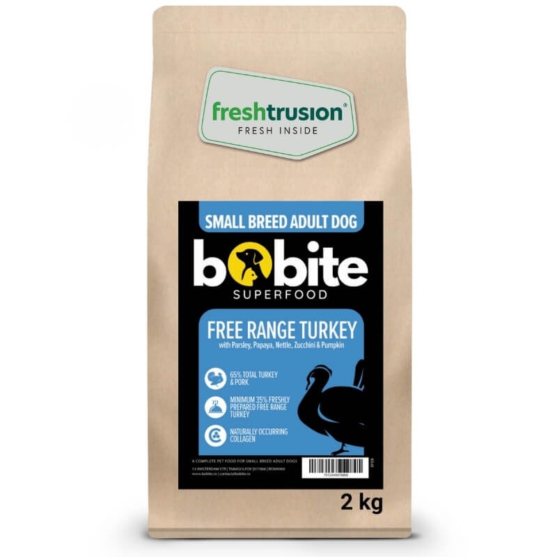 Bobite SuperFood, Adult-rasa mica, Curcan free-range cu Patrunjel, Papaya, Urzica, Dovlecel si Dovleac, Hrana uscata caini, 2kg