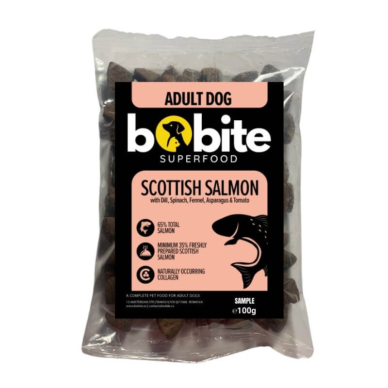 Pachet degustare, Bobite SuperFood, adult, Somon scotian cu Marar, Spanac, Fenicul, Sparanghel si Rosii, Hrana uscata caini, 100g