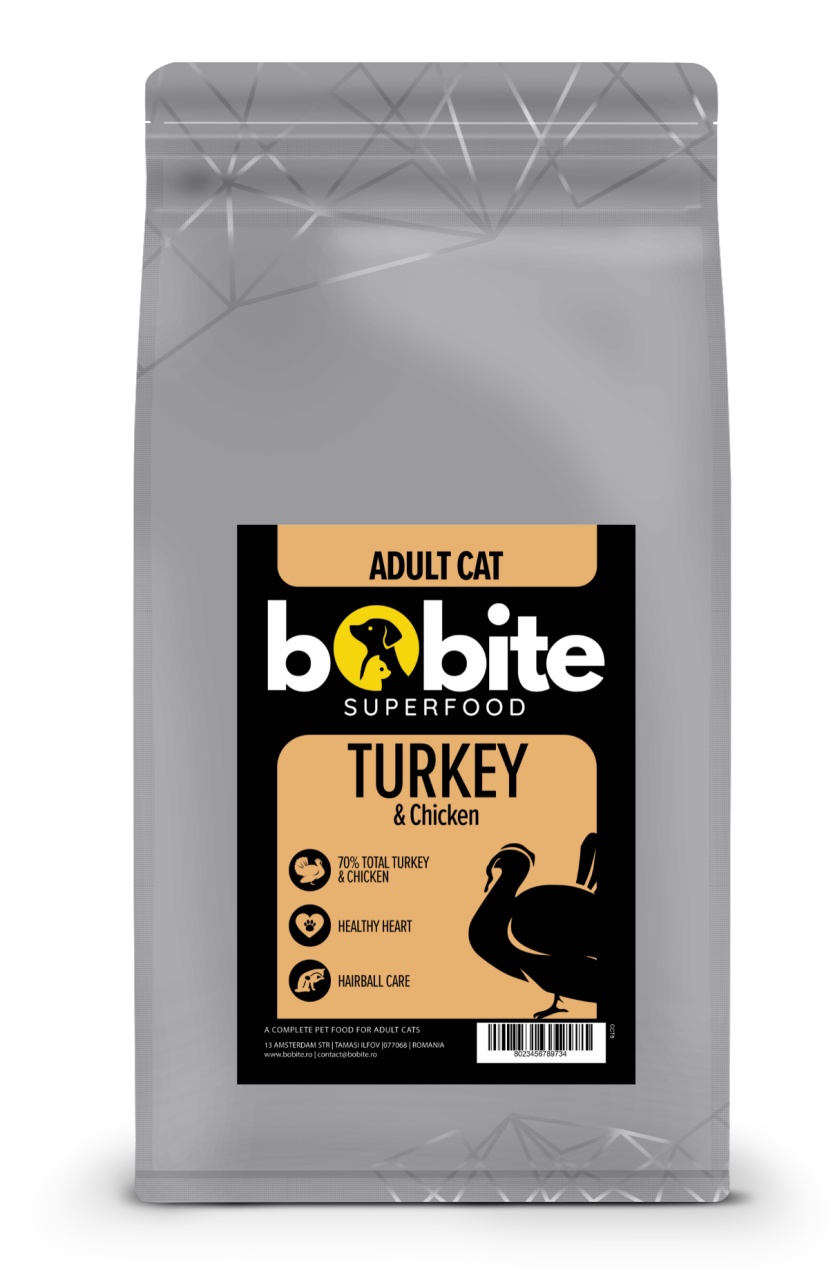 Bobite SuperFood, Adult, Curcan și Pui, Hrana uscata pisici, 1.5kg