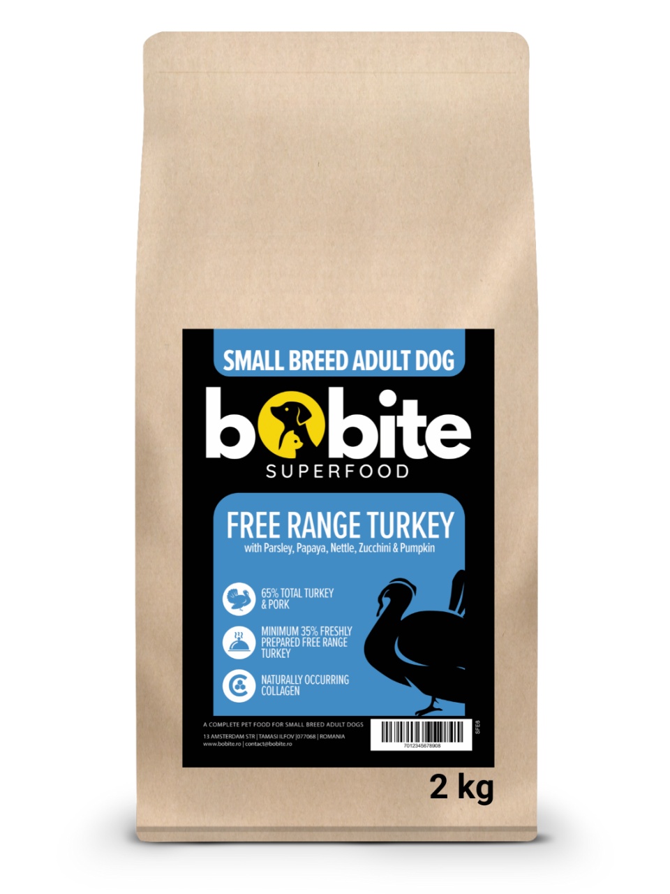 Bobite SuperFood, Adult-rasa mica, Curcan free-range cu Patrunjel, Papaya, Urzica, Dovlecel si Dovleac, Hrana uscata caini, 2kg