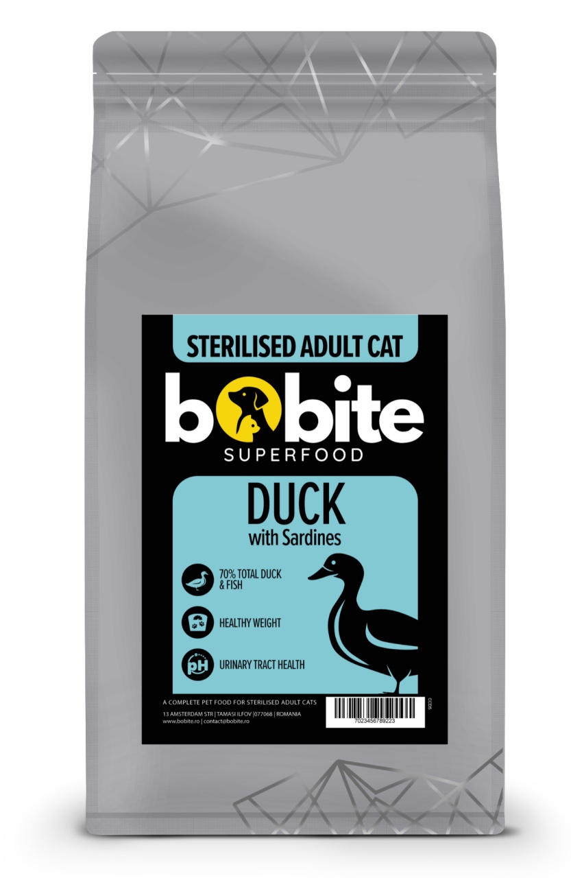 Bobite SuperFood, Adult, Rata si Sardine, Hrana uscata pisici sterilizate, 5kg