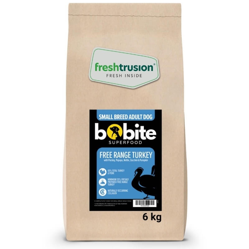 Bobite SuperFood, Adult-rasa mica, Curcan free-range cu Patrunjel, Papaya, Urzica, Dovlecel si Dovleac, Hrana uscata caini, 6kg