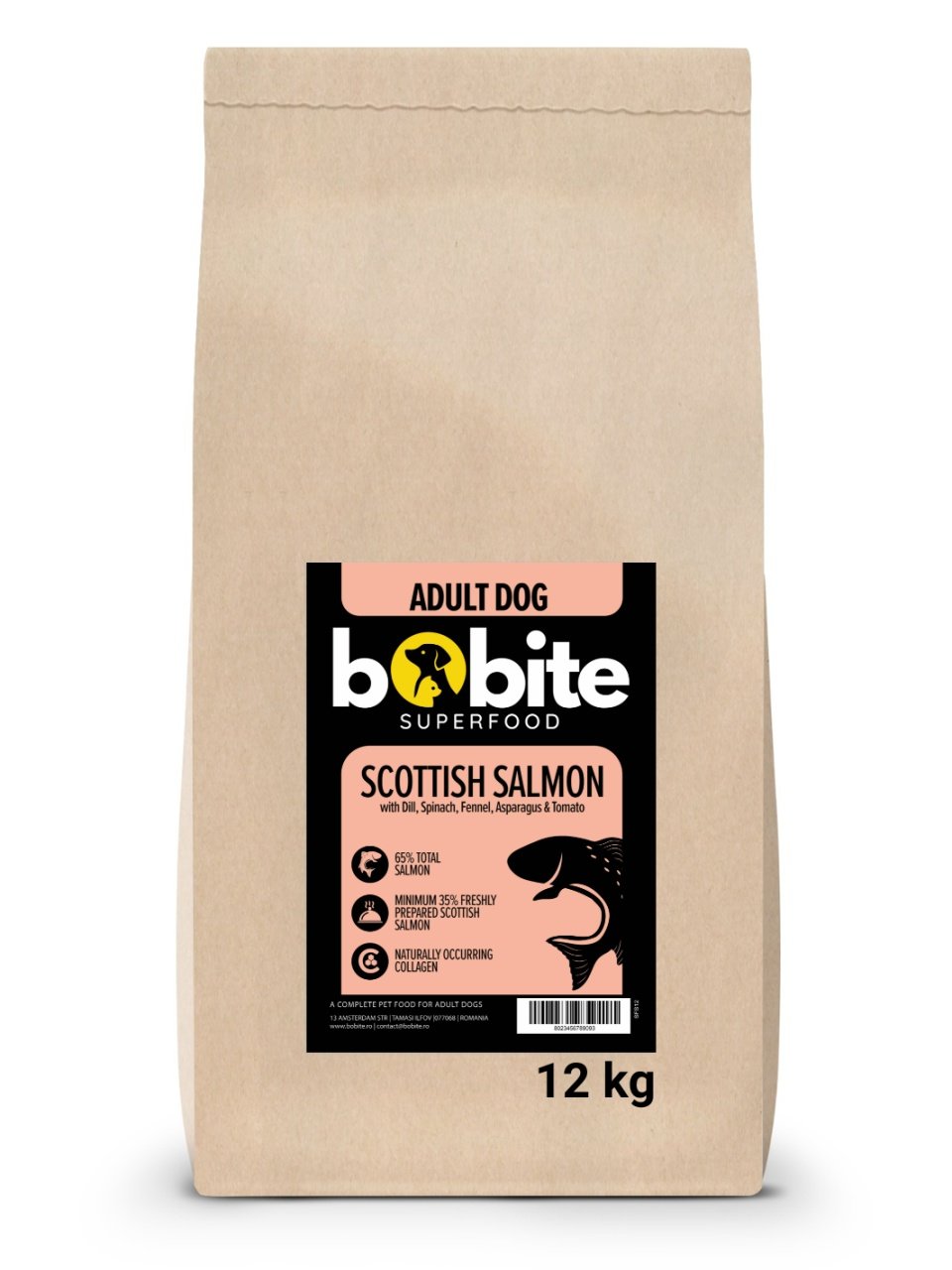 Bobite SuperFood, adult, Somon scotian cu Marar, Spanac, Fenicul, Sparanghel si Rosii, Hrana uscata caini, 12kg