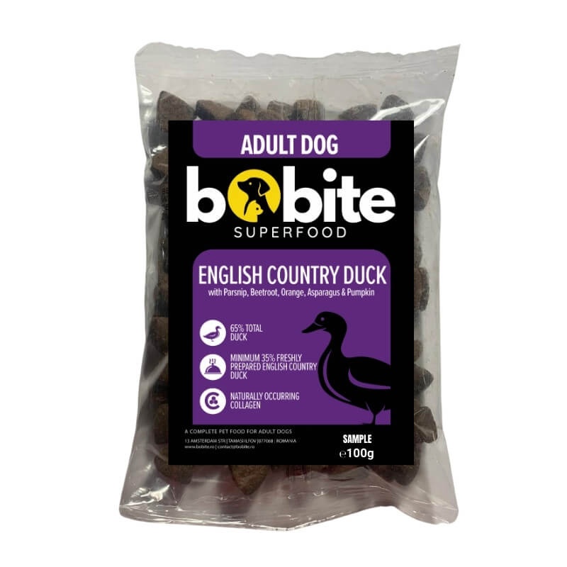Pachet degustare, Bobite SuperFood, adult, Rata englezeasca de tara cu Pastarnac, Portocala, Sparanghel si Dovleac, Hrana uscata caini, 100g