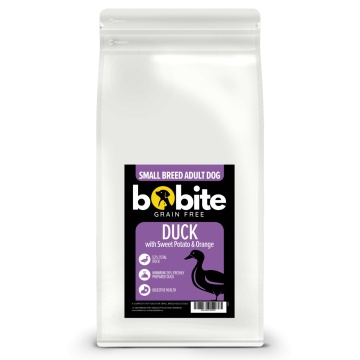 Bobite Grain Free, hrană uscată pentru câini adulți de rasă mică, rață cu cartof dulce și portocală