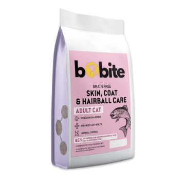 Bobite Peptide+, Hrană uscată hipoalergenică Skin, Coat & Hairball Care, somon, fără cereale, pentru pisici adulte