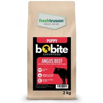 Hrana uscata pentru catei Bobite Superfood Puppy, cu vita Angus, morcov, fasole verde, conopida, rosii si dovlecel, sac 2kg