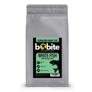 Bobite Superfood Pisici Sterilizate Adult – Pește alb & Icre de Hering, Hrană uscată superpremium