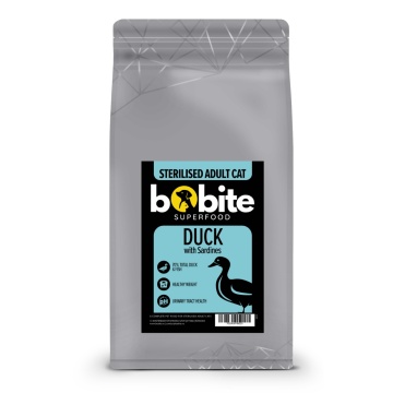 Bobite Superfood Pisici Sterilizate Adult – Rață și Sardine, Hrană uscată superpremium