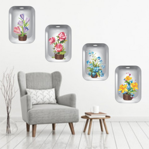 Sticker decorativ Flowers 3D ghiveci cu flori 4 buc/set 140x43cm