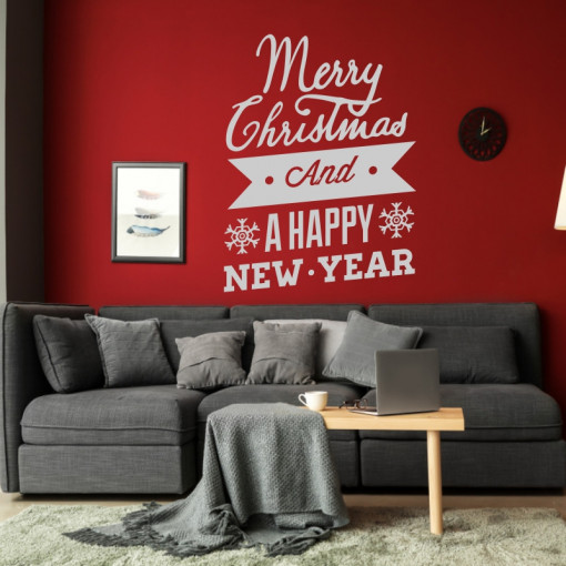 Sticker decorativ Merry Christmas and a Happy New Year Argintiu