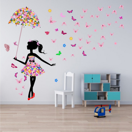 Sticker Fata cu Umbrela din Flori si cu Fluturi