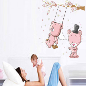 Sticker decorativ pentru perete ursuleti roz in leagan 2