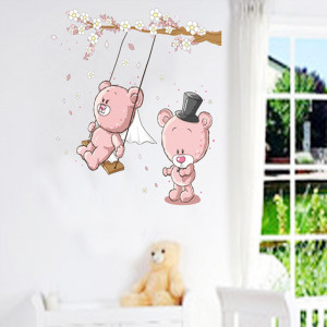 Sticker decorativ pentru perete ursuleti roz in leagan 3