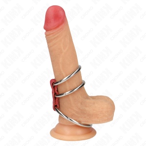 Anel De Pênis Triplo De Metal De 3,7 Cm A 5 Cm Conectado Com Couro Vermelho - Img 1