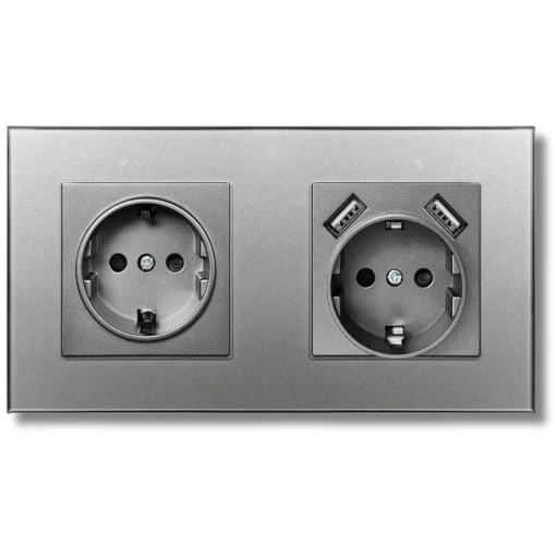 Gniazdo podwójne, szklana ramka, 2 porty USB-A, iUni US2, 16A, srebrny