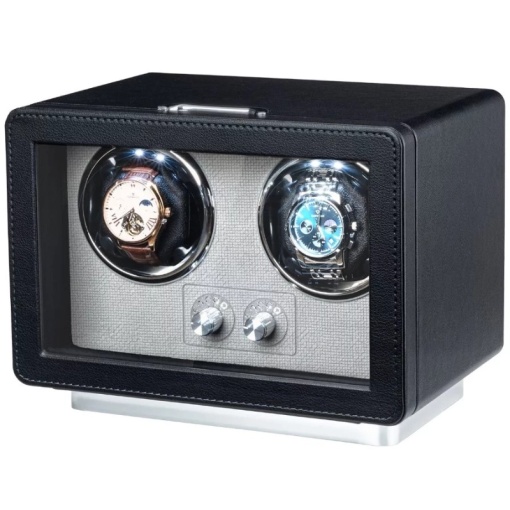 iUni Rotomat na 2 Zegarki Automatyczne, Retro Watch Winder, Skóra Ekologiczna, Czarny