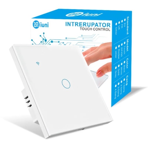 Inteligentny przełącznik dotykowy, WiFi, Bezpieczne szkło, iUni 1G, 10A, Sterowanie głosowe, Smart Life / Tuya, LED