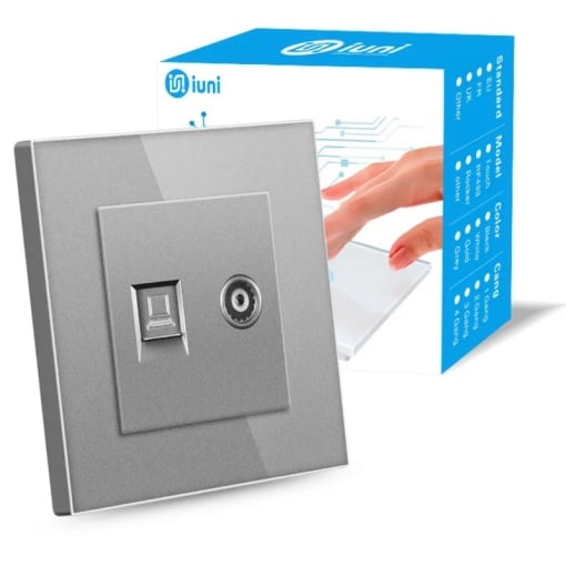 Gniazdo TV + Internet RJ45, Cat6, Cat6, ramka szklana, iUni TDS, srebrny