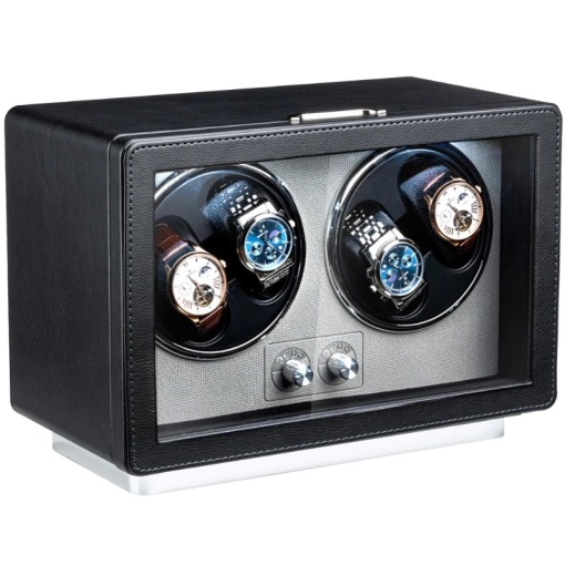 iUni Rotomat na 4 Zegarki Automatyczne, Retro Watch Winder, Skóra Ekologiczna, Czarny
