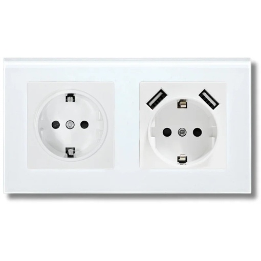 Gniazdo podwójne, szklana ramka, 2 porty USB-A, iUni US2, 16A