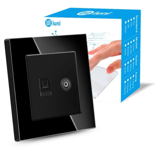 Gniazdo TV + Internet RJ45, Cat6, Cat6, ramka szklana, iUni TDS, czarny
