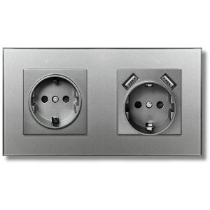 Gniazdo podwójne, szklana ramka, 2 porty USB-A, iUni US2, 16A, srebrny - Img 1