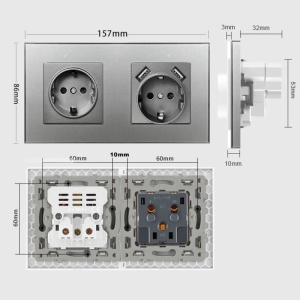 Gniazdo podwójne, szklana ramka, 2 porty USB-A, iUni US2, 16A, srebrny - Img 8