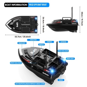 Łódka Zanętowa iUni V802 PRO, GPS, 2 Akumulatory 12000mAh, 4 Pojemnikami, Pojemność 3kg, 500m, 15km/h, Zdalne sterowanie 2.4GHz, Czarny - Img 12