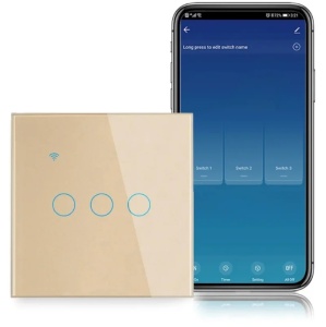 Inteligentny przełącznik dotykowy, WiFi, Bezpieczne szkło, iUni 3G, 10A, Sterowanie głosowe, Smart Life / Tuya, LED, złoty - Img 2