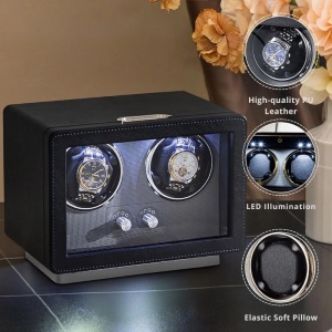 iUni Rotomat na 2 Zegarki Automatyczne, Retro Watch Winder, Skóra Ekologiczna, Czarny - Img 2