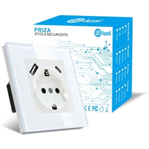 Gniazdo ścienne z ramką ze szkła hartowanego, z portami USB-A i USB-C, iUni UC1, 16A