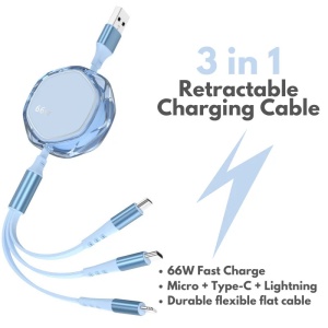 Kabel do ładowania 3 w 1, zwijany, iUni x1, 66 W, szybkie ładowanie, Type-C, Lightning, USB, Micro-USB, 120 cm, iPhone, Samsung, Huawei, Xiaomi, Airpods, MacBook - Img 2