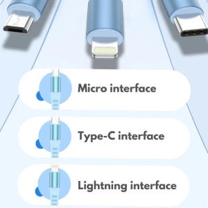 Kabel do ładowania 3 w 1, zwijany, iUni x1, 66 W, szybkie ładowanie, Type-C, Lightning, USB, Micro-USB, 120 cm, iPhone, Samsung, Huawei, Xiaomi, Airpods, MacBook - Img 3