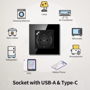 Gniazdo ścienne z ramką ze szkła hartowanego, z portami USB-A i USB-C, iUni UC1, 16A, Czarny - Img 6