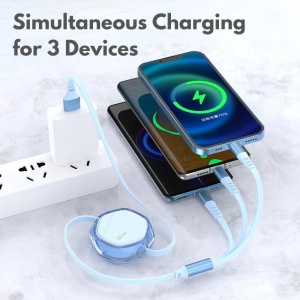 Kabel do ładowania 3 w 1, zwijany, iUni x1, 66 W, szybkie ładowanie, Type-C, Lightning, USB, Micro-USB, 120 cm, iPhone, Samsung, Huawei, Xiaomi, Airpods, MacBook - Img 6