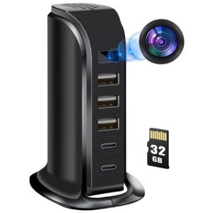 Ukryta kamera w stacji ładowania iUni IP91, 32GB, Wi-Fi, Full HD, Czujnik ruchu, 20W, 2 porty Type-C, 3 porty USB-A