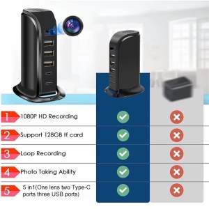 Ukryta kamera w stacji ładowania iUni IP91, Wi-Fi, Full HD, Czujnik ruchu, 20W, 2 porty Type-C, 3 porty USB-A - Img 7