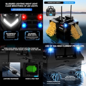 Łódka Zanętowa iUni V802 PRO, GPS, 2 Akumulatory 12000mAh, 4 Pojemnikami, Pojemność 3kg, 500m, 15km/h, Zdalne sterowanie 2.4GHz, Czarny - Img 10