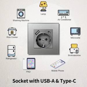 Gniazdo ścienne z ramką ze szkła hartowanego, z portami USB-A i USB-C, iUni UC1, 16A, Srebrny - Img 6