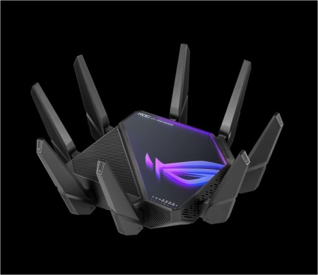Asus Quad-band WiFi Gaming Router GT-AXE16000; Network Standard: WiFi 6 (802.11ax), WiFi 6E (802.11ax), Backwards compatible with 802.11a/b/g/n/ac Wi-Fi, 2.4GHz 1148Mbps, 5G-1Hz 4804Mbps, 5G-2Hz 4804Mbps, 6GHz 4804Mbps, 8 antene externe, 4 antene