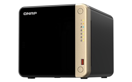 NAS QNAP 464 4-Bay, CPU Intel Celeron N5105/N5095 4-core/4-thread Processor, RAM 8 GB DDR4 (onboard, not expandable), HDD 4 x 2.5"/3.5" SATA 6Gbps + 2 x M.2 2280 PCIe Gen 3 x1 SSD slots (neincluse), LAN: 2 x 2.5GbE (optional 10GbE expansion via a PCIe