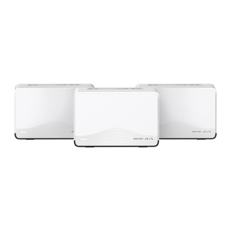 BE3600 Whole Home Mesh Wi-Fi 7 System SPEED: 688 Mbps at 2.4 GHz + 2880 Mbps at 5 GHz SPEC: Internal Antennas, 1× 2.5 Gbps Port (WAN/LAN auto-sensing), 2× Gigabit Ports (WAN/LAN auto-sensing), MLO, 4096-QAM, OFDMA, EHT160 on 5GHz FEATURE: MERCUSYS APP,