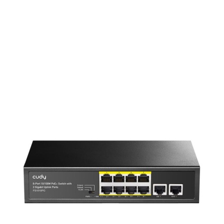 CUDY 8-Port 10/100M PSE RJ-45 +2 RJ45 10/100/1000M Uplink Port Unmanaged PoE+ Switch,CCTV/VLAN/Watchdog ON/OFF Switch(New version), long distance:250M at CCTV mode. Support PD Alive Function, ±4 KV Surge Protection, 802.3af/at standard, Alternative