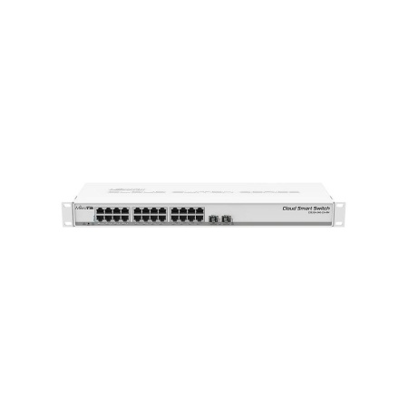 MikroTik Cloud Smart Switch 326-24G-2S+RM with 24* 10/100/1000 GigabitEthernet ports, 2* SFP+ cages, 1U rackmount case, PSU, Passive PoE, 19W